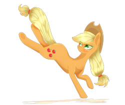 Size: 3000x2520 | Tagged: safe, artist:little-sketches, character:applejack, species:earth pony, species:pony, bucking, clothing, cowboy hat, eye clipping through hair, female, freckles, hat, kicking, looking back, mare, simple background, smiling, smirk, solo, stetson, transparent background, underhoof