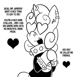 Size: 576x576 | Tagged: safe, artist:pembroke, character:sweetie belle, oc, oc:warden, species:pony, meanie belle, dialogue, heart, heart eyes, monochrome, simple background, solo, white background, wingding eyes