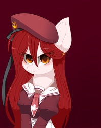 Size: 1024x1290 | Tagged: safe, artist:little-sketches, oc, oc only, oc:sora, species:pony, blushing, clothing, eye clipping through hair, female, hat, looking at you, mare, necktie, red hair, simple background, solo