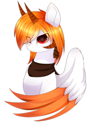 Size: 1594x2225 | Tagged: safe, artist:little-sketches, oc, oc only, oc:silveer moon, species:pegasus, species:pony, art trade, bandana, colored pupils, eye clipping through hair, freckles, horn, hybrid, orange hair, red eyes, simple background, smiling, solo, succubus, transparent background