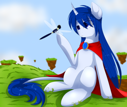 Size: 1024x860 | Tagged: safe, artist:little-sketches, oc, oc only, species:pony, species:unicorn, blue hair, cape, clothing, cloud, dragonfly, eye clipping through hair, female, floating island, grass, mare, scenery, sitting, sky, smiling, solo