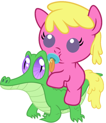 Size: 786x917 | Tagged: safe, artist:red4567, character:cherry berry, character:gummy, species:earth pony, species:pony, alligator, baby, baby pony, cherrybetes, cute, derp, female, foal, pacifier, ponies riding gators, puffy cheeks, riding, simple background, white background