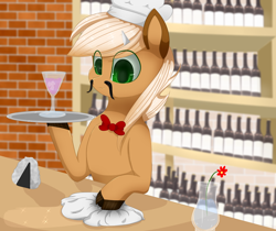 Size: 1024x860 | Tagged: safe, artist:little-sketches, oc, oc only, oc:muryo no shito, species:pony, bar, beverage, bottle, cloth, clothing, drink, eye clipping through hair, facial hair, flower, glass, hat, horn, ice, male, moustache, necktie, rag, smiling, solo, stallion, tray