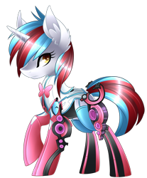 Size: 1739x2100 | Tagged: safe, artist:scarlet-spectrum, oc, oc only, oc:audina puzzle, species:pony, species:unicorn, clothing, commission, cute, ear fluff, looking at you, octavia (warframe), raised hoof, simple background, solo, transparent background, warframe