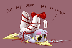 Size: 1748x1181 | Tagged: safe, artist:underpable, character:derpy hooves, species:pegasus, species:pony, blushing, bow, clothing, cute, derpabetes, female, gift wrapped, on back, puffy cheeks, ribbon, simple background, socks, solo, stuck, tangled up, upside down