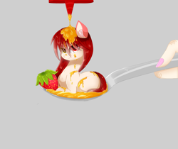 Size: 1024x860 | Tagged: safe, artist:little-sketches, oc, oc only, oc:sora, species:earth pony, species:human, species:pony, eye clipping through hair, female, food, hand, horse spooning meme, looking at you, mare, meme, micro, ponies in food, saki, simple background, spoon, strawberry, tiny ponies, unamused