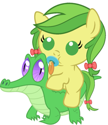 Size: 811x942 | Tagged: safe, artist:red4567, character:apple fritter, character:gummy, species:pony, apple family member, baby, baby pony, cute, pacifier, ponies riding gators, riding