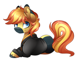 Size: 2843x2200 | Tagged: safe, artist:scarlet-spectrum, oc, oc only, oc:yaktan, species:earth pony, species:pony, clothing, colored pupils, commission, looking at you, lying down, male, prone, simple background, smiling, solo, stallion, transparent background