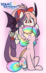 Size: 2000x3149 | Tagged: safe, artist:xwhitedreamsx, oc, oc only, oc:paper stars, oc:sweet velvet, species:bat pony, species:pony, amputee, bow, clothing, colored pupils, cute, duo, female, gift art, hair bow, looking up, mare, ocbetes, paperbetes, stockings, thigh highs