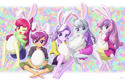 Size: 1500x960 | Tagged: safe, artist:uotapo, character:apple bloom, character:diamond tiara, character:scootaloo, character:silver spoon, character:sweetie belle, species:pegasus, species:pony, my little pony:equestria girls, adorabloom, barefoot, blushing, bunny ears, bunny tail, clothing, cute, cutealoo, cutie mark, cutie mark crusaders, diamondbetes, diasweetes, easter, easter egg, egg, feet, female, glasses, holiday, looking at you, one eye closed, open mouth, pants, silverbetes, skirt, uotapo is trying to murder us, wink