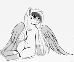Size: 1024x860 | Tagged: safe, artist:little-sketches, oc, oc only, oc:yeri, species:pegasus, species:pony, eye clipping through hair, female, mare, monochrome, solo, style emulation
