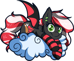 Size: 1681x1387 | Tagged: safe, artist:xwhitedreamsx, oc, oc only, oc:heart breaker, species:bat pony, species:pony, bat pony oc, clothing, cloud, commission, female, green eyes, looking at you, mare, prone, simple background, smiling, socks, solo, stockings, striped socks, thigh highs, transparent background, ych result