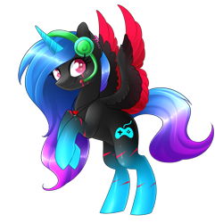 Size: 1909x1911 | Tagged: safe, artist:scarlet-spectrum, oc, oc only, oc:rai, species:alicorn, species:pony, alicorn oc, colored pupils, donut steel, female, gradient hair, gradient hooves, headphones, looking at you, mare, neon, rearing, red and black oc, simple background, smiling, solo, transparent background
