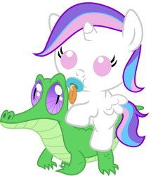 Size: 836x927 | Tagged: safe, artist:red4567, character:gummy, oc, oc:sumistrawberry, species:alicorn, species:pony, alicorn oc, baby, baby pony, cute, ocbetes, pacifier, ponies riding gators, riding