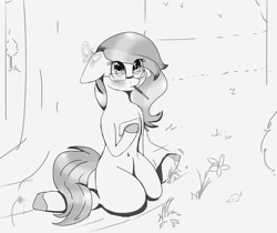 Size: 3000x2520 | Tagged: safe, artist:little-sketches, oc, oc only, species:earth pony, species:pony, blushing, commission, cute, eye clipping through hair, female, floppy ears, glasses, grass, kneeling, mare, monochrome, ocbetes, paper, solo, tree