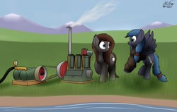 Size: 1280x812 | Tagged: safe, artist:the-furry-railfan, oc, oc only, oc:night strike, oc:pressure cooker, species:earth pony, species:pegasus, species:pony, air pump, clothing, engine, jacket, lake, mountain, outdoors, sequence, story included, this will end in balloons