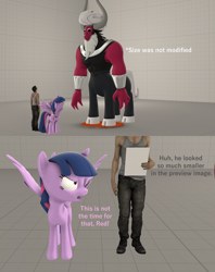 Size: 1710x2160 | Tagged: safe, artist:red4567, character:lord tirek, character:twilight sparkle, character:twilight sparkle (alicorn), species:alicorn, species:centaur, species:human, species:pony, 3d, angry, dialogue, paper, size comparison, size difference, source filmmaker, stage, test