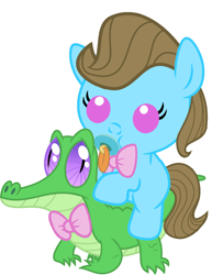 Size: 786x1017 | Tagged: safe, artist:red4567, character:beauty brass, character:gummy, species:pony, baby, baby pony, cute, pacifier, ponies riding gators, riding