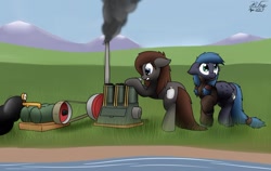 Size: 1280x809 | Tagged: safe, artist:the-furry-railfan, oc, oc only, oc:night strike, oc:pressure cooker, species:earth pony, species:pegasus, species:pony, air pump, clothing, engine, hose bulges, jacket, lake, looking up, malfunction, mountain, outdoors, panic, sequence, smoking, story included