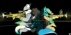 Size: 1280x641 | Tagged: safe, artist:bbsartboutique, oc, oc only, oc:blue, oc:dusty, species:anthro, species:griffon, species:hippogriff, anthro oc, back to back, black background, combat, gun, rainbow six siege, shooting, simple background, weapon