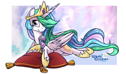 Size: 4000x2347 | Tagged: safe, artist:xwhitedreamsx, character:princess celestia, species:alicorn, species:pony, crown, cute, cutelestia, drink, female, frappuccino, hair over one eye, jewelry, looking at you, mare, pillow, prone, regalia, solo, unicorn frappuccino