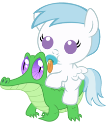 Size: 836x942 | Tagged: safe, artist:red4567, character:cotton cloudy, character:gummy, species:pony, baby, baby pony, cottonbetes, cute, pacifier, ponies riding gators, riding, simple background, white background