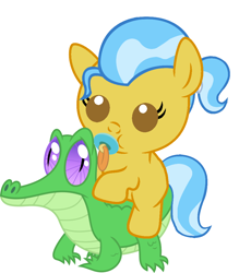 Size: 936x1017 | Tagged: safe, artist:red4567, character:doctor fauna, character:gummy, species:pony, baby, baby pony, cute, pacifier, ponies riding gators, riding, simple background, white background