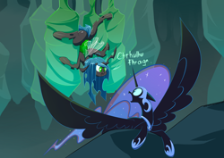 Size: 4960x3507 | Tagged: safe, artist:underpable, character:nightmare moon, character:princess luna, character:queen chrysalis, species:alicorn, species:changeling, species:pony, absurd resolution, bugbutt, changeling hive, changeling queen, cocoon, cthulhu mythos, cthulu fh'tagn, cute, cutealis, dialogue, duo, duo female, female, flying, helmet, looking at each other, moonabetes, nymph, queen twistalis, spread wings, style emulation, surprised, wings, younger