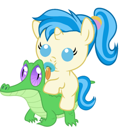 Size: 986x1017 | Tagged: safe, artist:red4567, character:allie way, character:gummy, species:pony, baby, baby pony, cute, pacifier, ponies riding gators, riding, simple background, white background