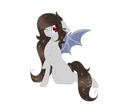 Size: 3000x2520 | Tagged: safe, artist:little-sketches, oc, oc only, oc:alora, species:bat pony, species:pony, bat pony oc, ethereal mane, eye clipping through hair, female, galaxy mane, high res, mare, one eye closed, simple background, sitting, solo, tongue out, transparent background, wink