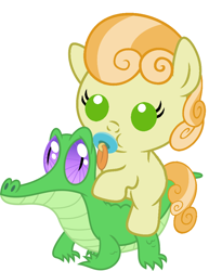 Size: 786x1017 | Tagged: safe, artist:red4567, character:gummy, character:junebug, species:pony, baby, baby pony, cute, pacifier, ponies riding gators, riding