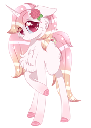 Size: 1726x2412 | Tagged: safe, artist:little-sketches, oc, oc only, species:pony, species:unicorn, art trade, chest fluff, colored hooves, colored pupils, cute, eye clipping through hair, female, floppy ears, flower, flower in hair, fluffy, looking at you, mare, ocbetes, simple background, smiling, solo, white background