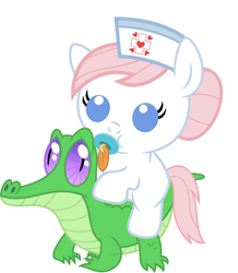 Size: 886x1017 | Tagged: safe, artist:red4567, character:gummy, character:nurse redheart, species:pony, baby, baby pony, cute, pacifier, ponies riding gators, riding, simple background, white background