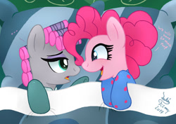 Size: 1300x920 | Tagged: safe, artist:joakaha, character:maud pie, character:pinkie pie, species:pony, episode:rock solid friendship, g4, my little pony: friendship is magic, ..., bed, clothing, duo, footed sleeper, hair curlers, onesie, pajamas, scene interpretation