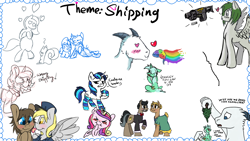 Size: 1920x1080 | Tagged: safe, artist:binkyt11, artist:cutepencilcase, artist:gift, artist:strangersaurus, character:derpy hooves, character:doctor caballeron, character:doctor whooves, character:lyra heartstrings, character:princess cadance, character:shining armor, character:time turner, oc, species:alicorn, species:earth pony, species:goat, species:pegasus, species:pony, species:unicorn, blushing, brain, buralleron, buried treasure, clothing, dialogue, drawpile disasters, female, flower, gun, heart, heart eyes, literal, literal shipping, mailmare, male, mare, rainbow, raritato, shipping, socks, speech bubble, spread wings, squirrel, stallion, straight, tree, weapon, wingding eyes, wings