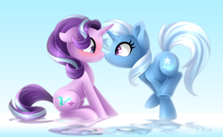 Size: 4800x2954 | Tagged: safe, artist:scarlet-spectrum, character:starlight glimmer, character:trixie, species:pony, species:unicorn, ship:startrix, absurd resolution, blushing, boop, cute, female, lesbian, looking at each other, mare, noseboop, scrunchy face, shipping, sitting, smiling, underhoof