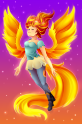 Size: 3000x4500 | Tagged: safe, artist:scarlet-spectrum, character:sunset shimmer, episode:my past is not today, g4, my little pony: equestria girls, my little pony:equestria girls, absurd resolution, boots, breasts, clothing, eyes closed, female, floating, high heel boots, smiling, solo, spread wings, sunset, sunset phoenix, twilight (astronomy), wings