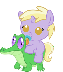 Size: 886x1017 | Tagged: safe, artist:red4567, character:dinky hooves, character:gummy, species:pony, baby, baby pony, cute, dinkabetes, pacifier, ponies riding gators, riding