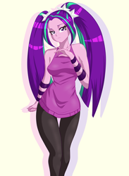 Size: 720x981 | Tagged: safe, artist:thebrokencog, character:aria blaze, equestria girls:rainbow rocks, g4, my little pony: equestria girls, my little pony:equestria girls, breasts, clothing, cute, female, looking at you, pants, pigtails, simple background, solo, white background