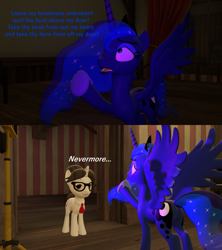 Size: 1920x2160 | Tagged: safe, artist:red4567, character:princess luna, character:raven inkwell, species:pony, 3d, edgar allan poe, missing accessory, name pun, namesake, nevermore, quote, source filmmaker, the raven, unamused