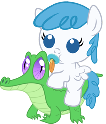 Size: 786x917 | Tagged: safe, artist:red4567, character:gummy, character:white lightning, species:pony, baby, baby pony, cute, pacifier, ponies riding gators, riding