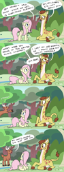 Size: 2700x7200 | Tagged: safe, artist:docwario, character:clementine, character:fluttershy, oc, oc:gerald, species:deer, species:pegasus, species:pony, episode:fluttershy leans in, g4, my little pony: friendship is magic, absurd resolution, comic, dialogue, female, giraffe, male, mare, prancing, prone, shy, speech bubble, stag