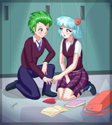 Size: 4058x4527 | Tagged: safe, artist:thebrokencog, character:coco pommel, character:spike, species:eqg human, ship:cocospike, my little pony:equestria girls, absurd resolution, backpack, blushing, book, clothing, cocobetes, commission, crack shipping, crystal prep academy uniform, cute, duo, female, flower, flower in hair, heart, high heels, human coloration, lockers, male, necktie, pants, pleated skirt, school, school uniform, shipping, shoes, skirt, skirt pull, socks, spikabetes, straight