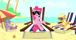 Size: 3545x1860 | Tagged: safe, artist:porygon2z, character:applejack, character:pinkie pie, character:spike, species:dragon, species:earth pony, species:pony, beach, chillaxing, drink, female, glass, glasses, lounge chair, male, mare, ocean, palm tree, starfish, sunglasses, tree, water