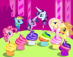 Size: 1020x793 | Tagged: safe, artist:user15432, character:applejack, character:fluttershy, character:pinkie pie, character:rainbow dash, character:rarity, character:twilight sparkle, character:twilight sparkle (alicorn), species:alicorn, species:pony, cake, cake pop, cupcake, dress up who, dressupwho, flash game, food, mane six, rainbow cupcake