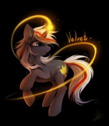 Size: 875x1016 | Tagged: safe, artist:hioshiru, oc, oc only, oc:velvet remedy, species:pony, species:unicorn, fallout equestria, black background, female, magic, mare, open mouth, signature, simple background, solo