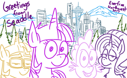 Size: 1280x788 | Tagged: safe, artist:adorkabletwilightandfriends, character:moondancer, character:spike, character:starlight glimmer, character:twilight sparkle, character:twilight sparkle (alicorn), species:alicorn, species:dragon, species:pony, adorkable twilight, city, cityscape, convention, convention art, efnw2017, everfree northwest, everfree northwest 2017, mountain, mountain range, seaddle, seattle, washington