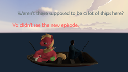 Size: 1920x1080 | Tagged: safe, artist:red4567, derpibooru original, character:big mcintosh, species:earth pony, species:human, species:pony, episode:hard to say anything, g4, my little pony: friendship is magic, 3d, boat, dialogue, fishing, fishing rod, implied shipping, male, ocean, pun, source filmmaker, stallion