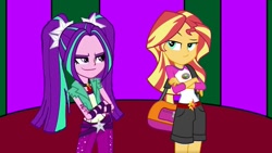 Size: 1191x670 | Tagged: safe, artist:ktd1993, character:aria blaze, character:sunset shimmer, ship:sunblaze, my little pony:equestria girls, bag, camp everfree outfits, clothing, female, jewelry, lesbian, looking at each other, pendant, shipping, shorts, sisters, smiling, sun, sunblaze