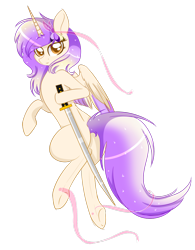 Size: 1024x1313 | Tagged: safe, artist:little-sketches, oc, oc only, oc:melody sunshine, species:alicorn, species:pony, alicorn oc, colored pupils, commission, eye clipping through hair, female, katana, looking at you, magic, mare, simple background, smiling, solo, sword, transparent background, weapon, ych result